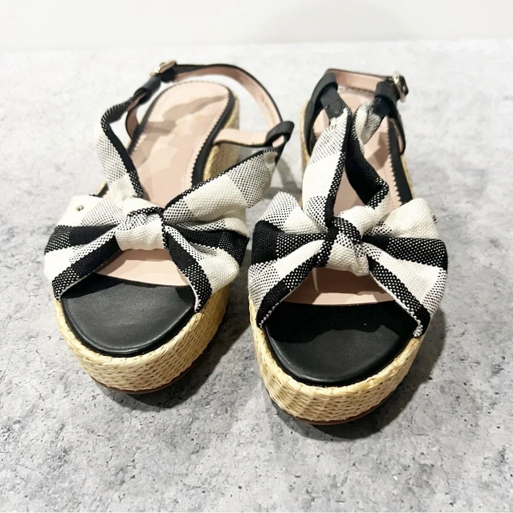 NEW Kate Spade Betsy Gingham Mixed Material Platform Sandal Black / Cream 7.5